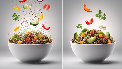 Two white bowls of quinoa salad, with ingredients flying in the air
