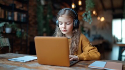 School-age girl with long hair wearing headphones sits at a wooden desk and uses a laptop. Cozy background with books and plants suggests home learning or remote communication.