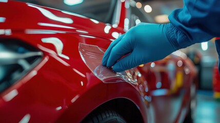 Protective  being applied to a red automobile's body panel.
