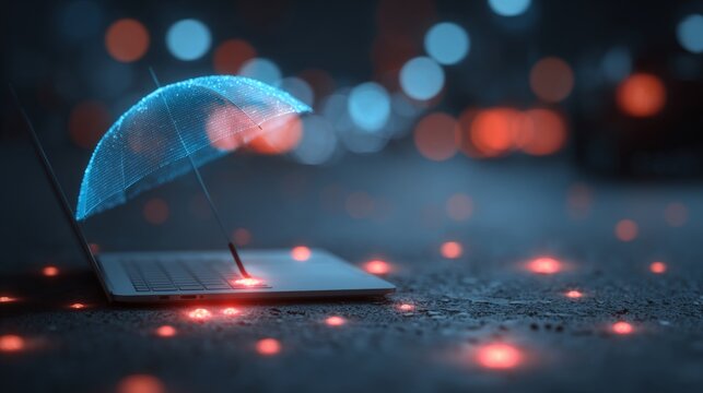 The invisible shield: visualizing digital protection. Internal organs. Subtle cyber protection: laptop under a glowing umbrella representation. Vital signs. Body health. - Powered by Adobe