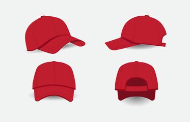 Four red baseball caps displayed in three-quarter views on light gray background, showing visors and backs, simple blank design, subtle shadows for depth, perfect for product mockups