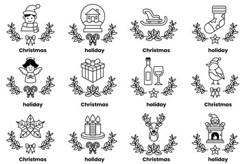 set of illustrations in the concept of Christmas and holidays in a line style