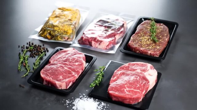 Assorted Raw Beef Steaks: Vacuum Sealed, Seasoned, and Fresh Cuts on Display
