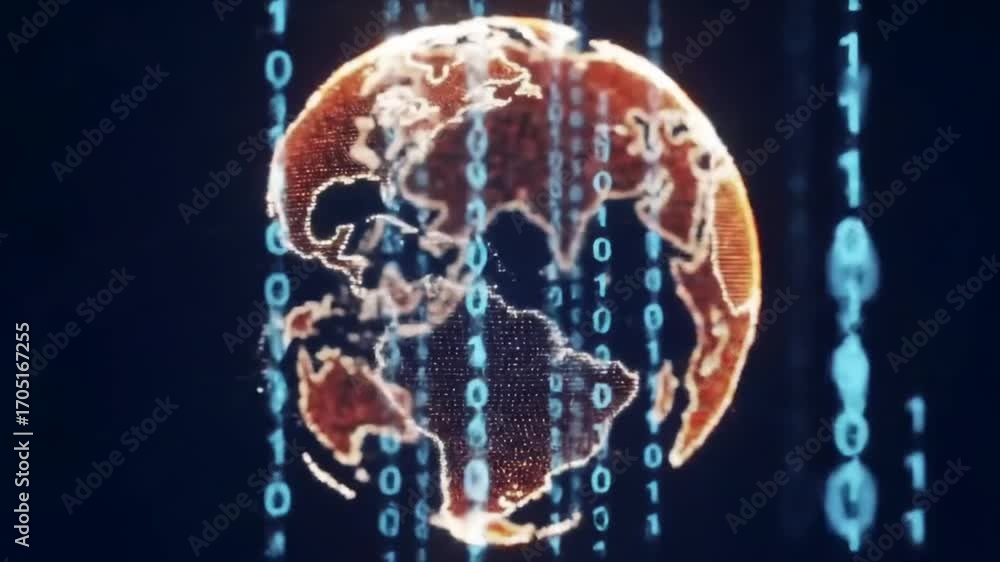 Poster orange earth globe surrounded by cascading blue binary code on black