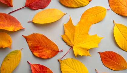 Obraz premium Overhead shot of vibrant autumn leaves scattered against a neutral grey background. Various shapes and colors