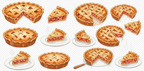 Collection of whole and sliced apple pies with lattice and decorative crusts, some served on plates.