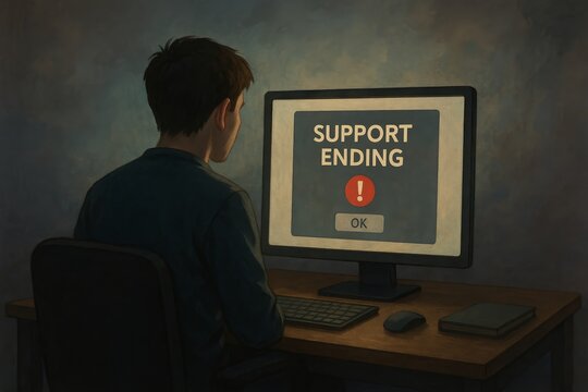 Man sitting at desk looking at computer screen with support ending warning message and exclamation sign.