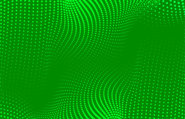 Vibrant bright green abstract background with swirling radiating dots and shapes, varying in size and intensity, creating depth, movement, and energetic dynamic visual effect across the composition