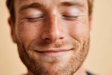 Obraz premium Smiling young man with beard on peach background