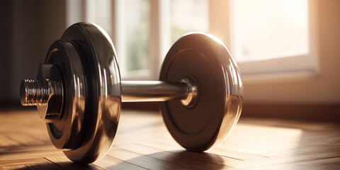 Extreme close-up of a shiny chrome dumbbell for workout or fitness (free weight), resting on a wooden parquet gym floor, natural light coming from a bright window, Generative Ai.