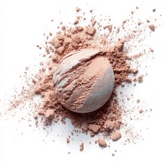 Round powder cosmetic is the main subject surrounded by loose powder against a white backdrop