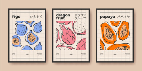Naklejka premium Modern fruit poster collection with figs, dragon fruit and papaya in abstract style - minimalist designs for contemporary kitchen or cafe decor. Fresh botanical produce artwork with text layout.