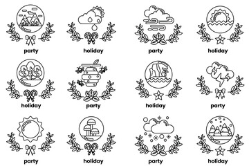 Set of illustrations in the concept of holiday objects in line art style