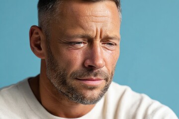 Fototapeta premium Young man expressing sadness against blue background
