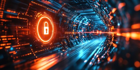 Futuristic Cyber Security Tunnel with Glowing Padlock Icon and Data Streams
