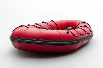 Red inflatable dinghy with black cord, angled, against a white background