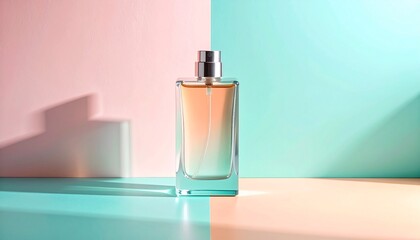 Naklejka premium Perfume bottle on pastel pink and blue background.
