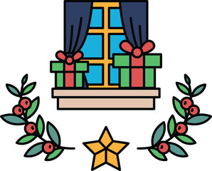 A window with a wreath and a star on it