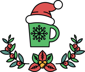 A green mug with a red hat on top and a snowflake design