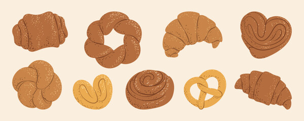 Assorted sweet pastries and buns, ideal for bakery menus, coffee shop decor, or food blogs.