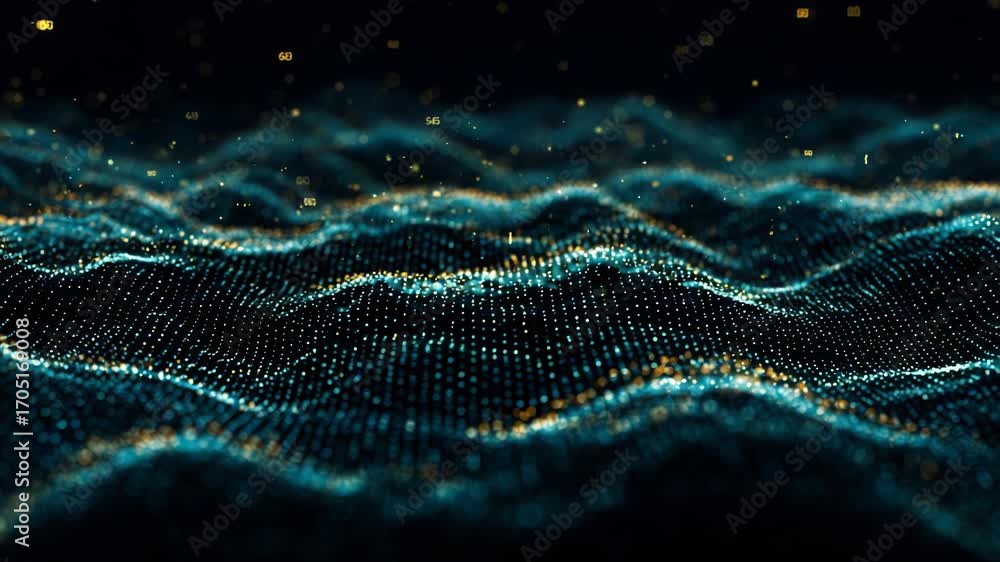 Poster abstract digital wave of glowing particles and lines on a dark background