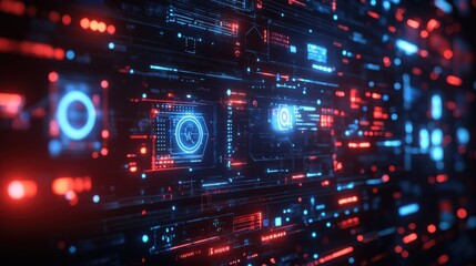 Futuristic Technology Interface with Glowing Data Streams and Circuitry Details