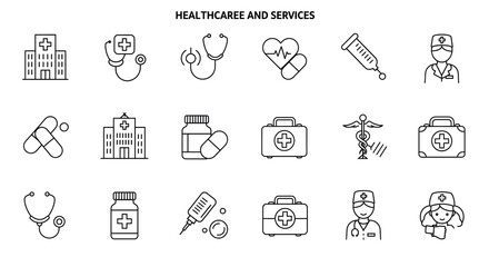 A set of medical and healthcare line icons for web and mobile. Collection of outline vector symbols representing hospital, clinic, doctor, pharmacy, and emergency care