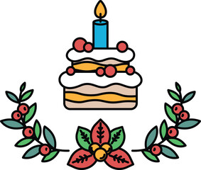 A cake with a candle on top and a leafy border