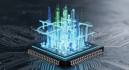 Digital metropolis: Conceptual city emerging from a microchip, technological progress and