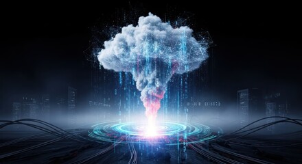 Technological convergence, digital cloud formation over city, data streams and connectivity