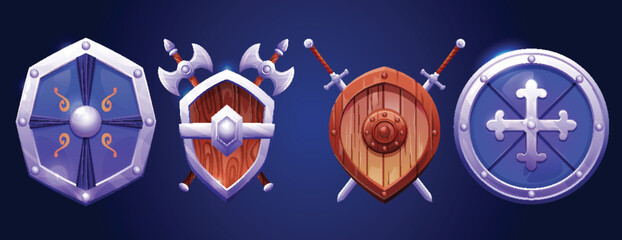 Medieval cartoon shield set with wooden and metal designs, axes and swords for game assets. Knight armor equipment with ornate patterns and cross symbols for fantasy RPG or adventure interface.