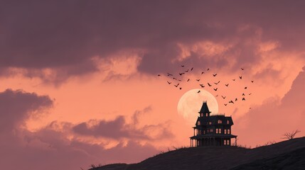 Eerie haunted mansion silhouetted on a hilltop with a full moon and flying birds at sunset.