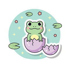 Naklejka premium A charming cartoon illustration of a newborn green frog emerging from a pastel egg, symbolizing a happy new life and fresh beginnings