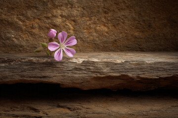 Fototapeta premium single delicate flower stands out against rough wooden board or rugged brick wall highlighting simplicity and