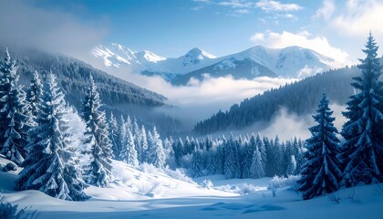 Obraz premium Serene Winter Morning in Snow-Clad Forest and Hills