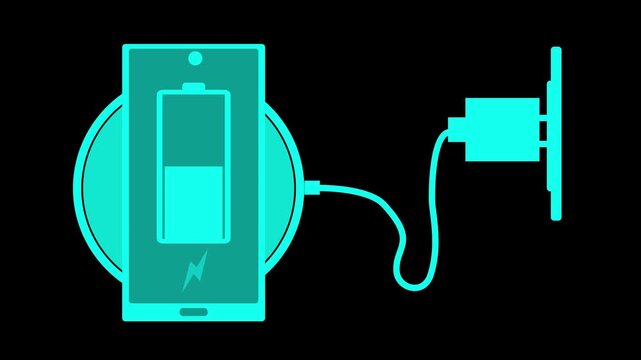 Animation of a smartphone charging wirelessly and via cable