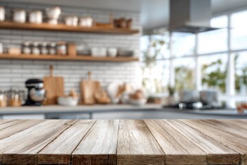 Rustic wooden table in a blurry kitchen interior with shelves appliances and a bright window