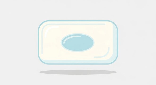 Cartoon soap white, rectangular bar with a blue oval inset, floating above a faint gray shadow