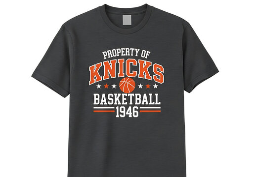 A gray tshirt with a vintagestyle print featuring property of knicks basketball 1946 isolated on white background, showcasing team pride and history