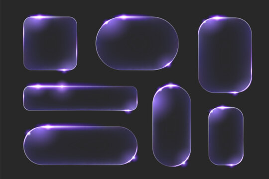 Light glass frames set isolated on black background. Vector realistic illustration of neon purple rectangular and oval borders with glowing effect, chat box, software button or game window design