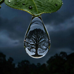on a dark background with a leaf a drop of water in a drop a tree