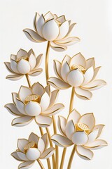 Decorative lotuses illustration with golden outlines, luxury floral design, white base