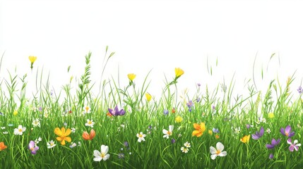 90.A detailed vector illustration of a spring lawn with fresh, juicy green grass. The vibrant blades of grass are adorned with small, colorful wildflowers scattered across the surface, adding pops of