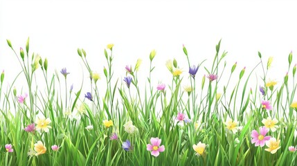 Fototapeta premium 90.A detailed vector illustration of a spring lawn with fresh, juicy green grass. The vibrant blades of grass are adorned with small, colorful wildflowers scattered across the surface, adding pops of