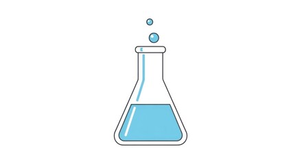 Vector graphic of a conical flask filled with light blue liquid, with bubbles rising from the mouth against a white background