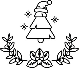 A Christmas tree with a bell on top and a red and green wreath around it