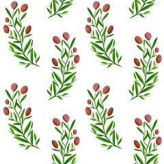 Beautiful red berries and green branches with leaves, seamless floral botanical pattern. Digital watercolor hand drawn. For fabric, textiles, wrappers, covers, women, girls, accessories, gifts