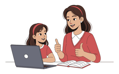 Happy Mother and Daughter Using Laptop for Online Learning.
