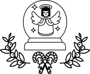A cartoon drawing of a woman angel with wings and a snow globe