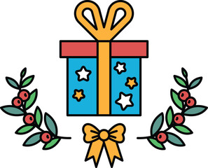 Fototapeta premium A blue box with a red bow on top of a green leafy border